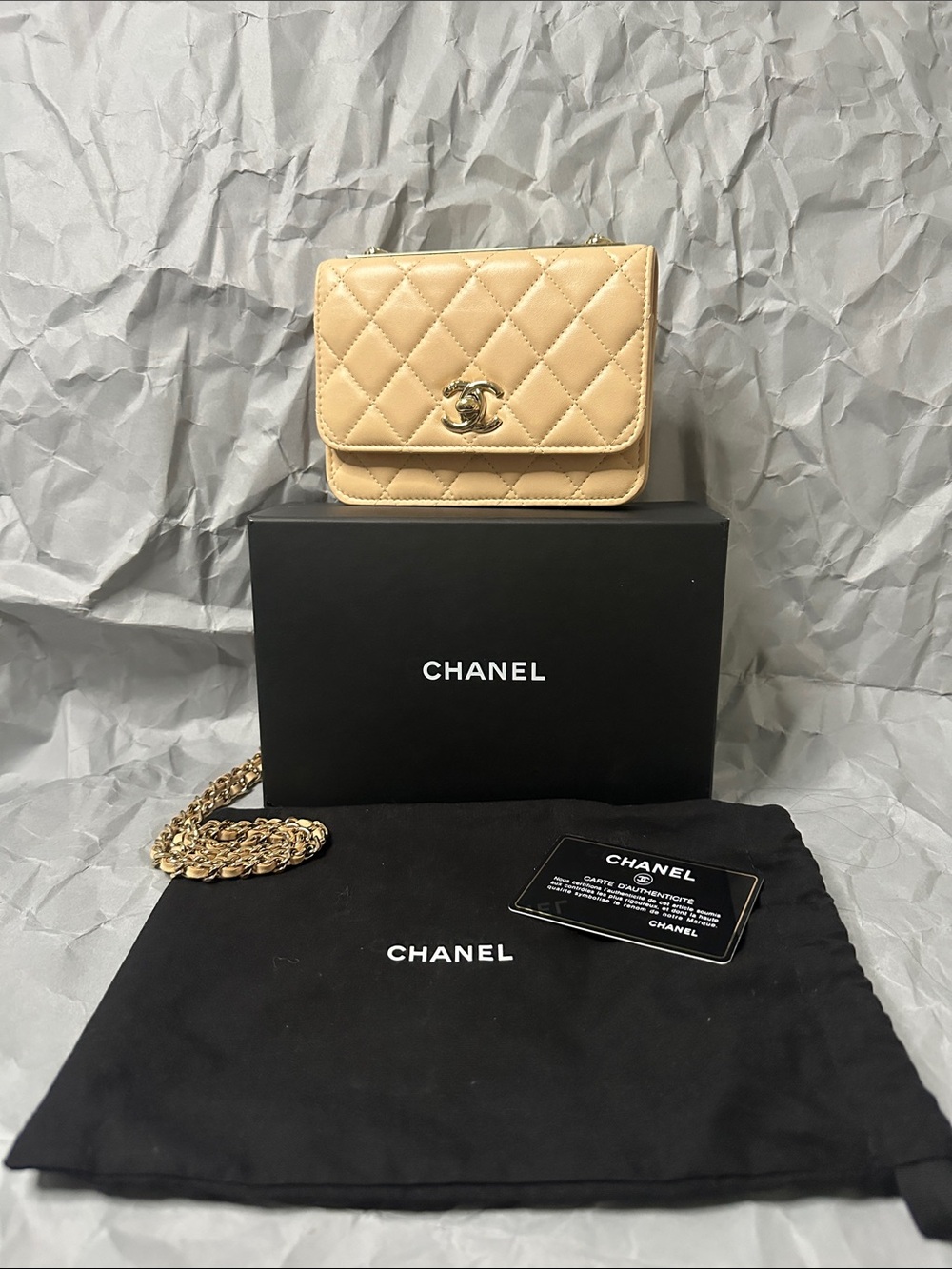 Authentic Chanel Beige Quilted Leather Crossbody Bag with Gold Chain